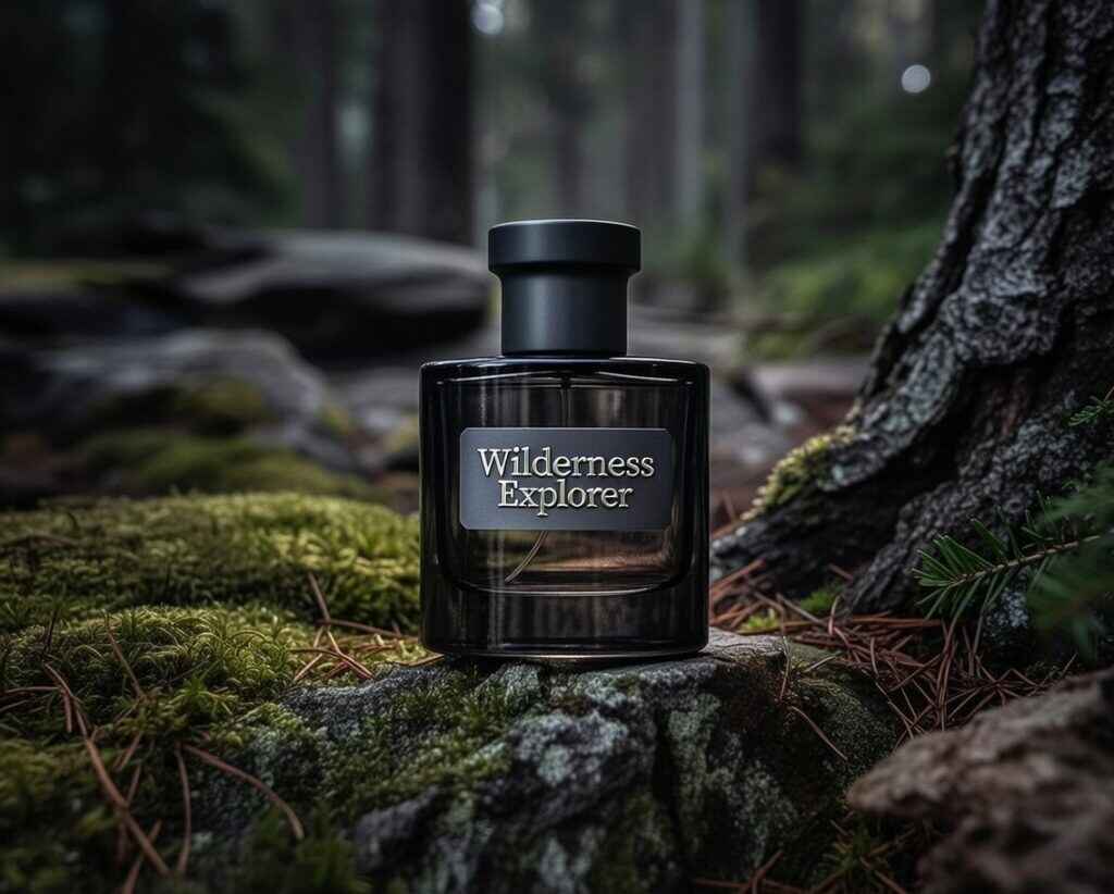 Perfume bottle in forest setting